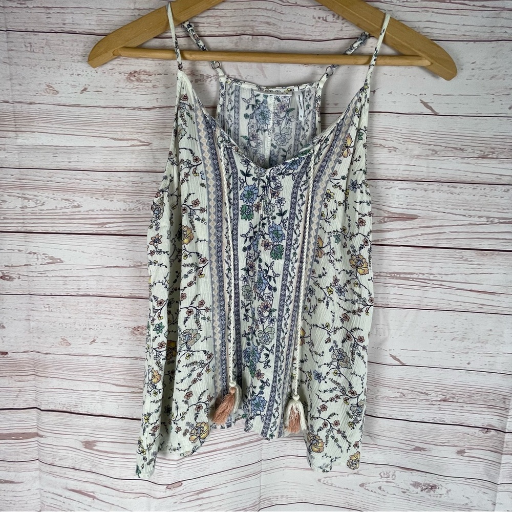 LUQ Rachall Women’s Halter Top Stitch Sz M Floral Boho Tassels Hippie